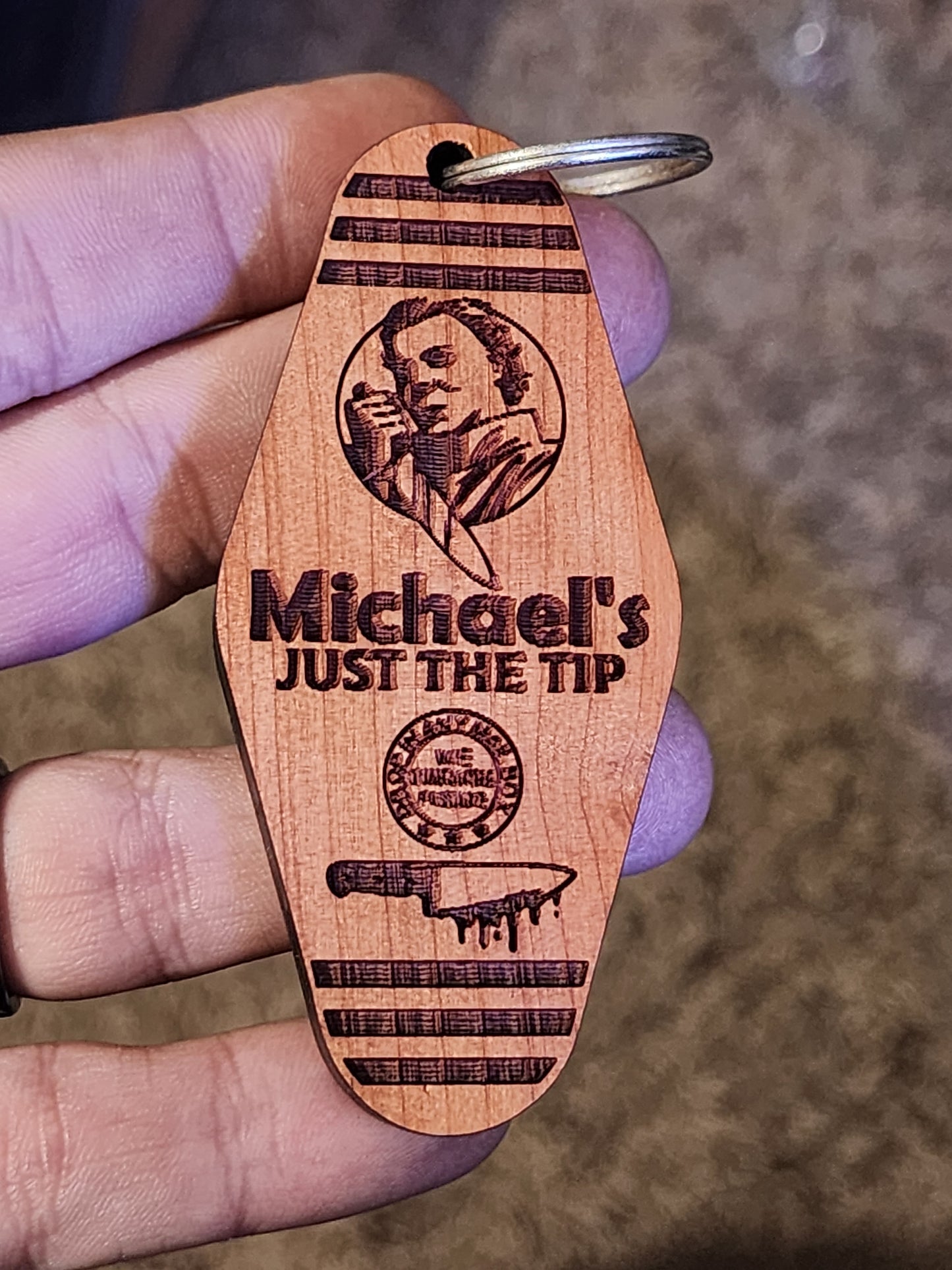 Michael Meyers Hotel Keychain. Just the tip (Cedar)