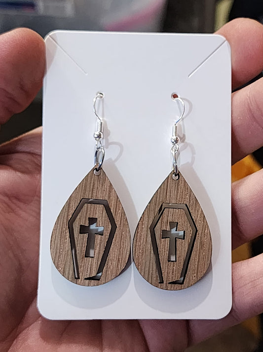 Casket and Cross Teardrop Earrings